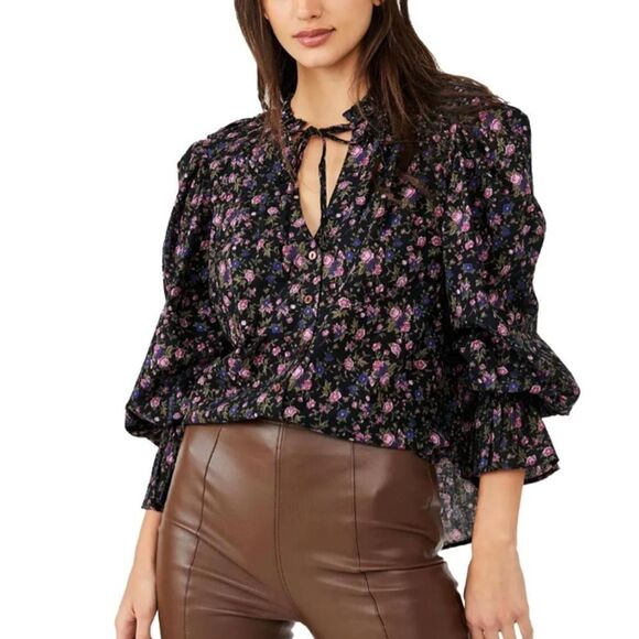 Free People Dark Floral Blouse NEW Black Purple Green Small - Picture 6 of 11